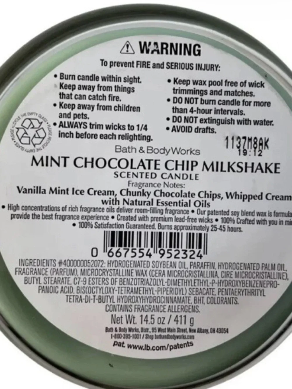 Bath & Body Works Mint Chocolate Chip Milkshake Candle - Mint Green, White